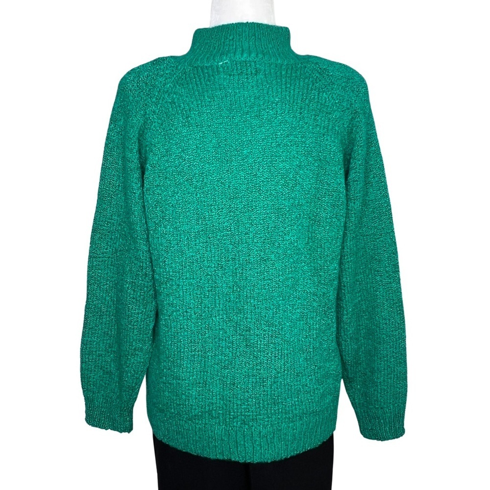 Vintage Cable Knit Sweater Faux Pearl Tall Collar Miranda Emerald Green Medium M - Picture 9 of 17